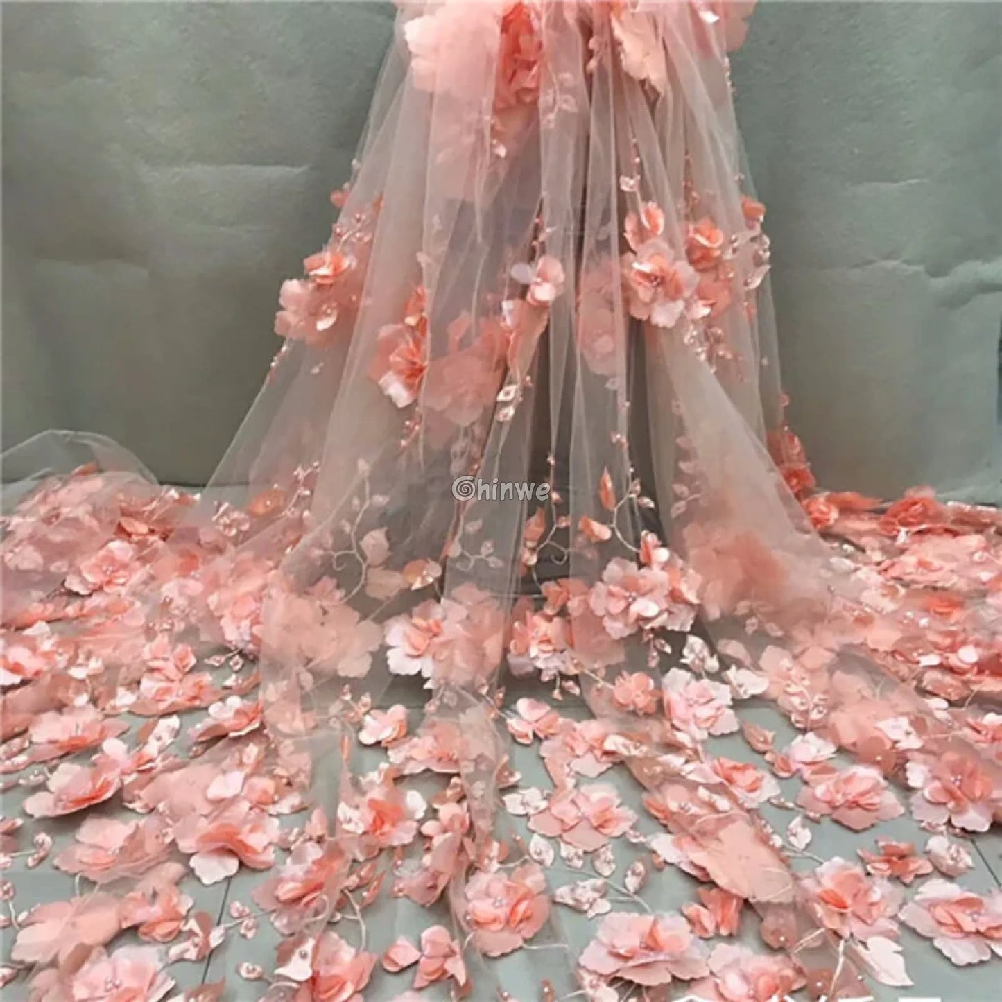 vory Blush Pink Peach & Scarlet Red 3D Floral Appliqué Mesh Lace with Beaded Embroidery