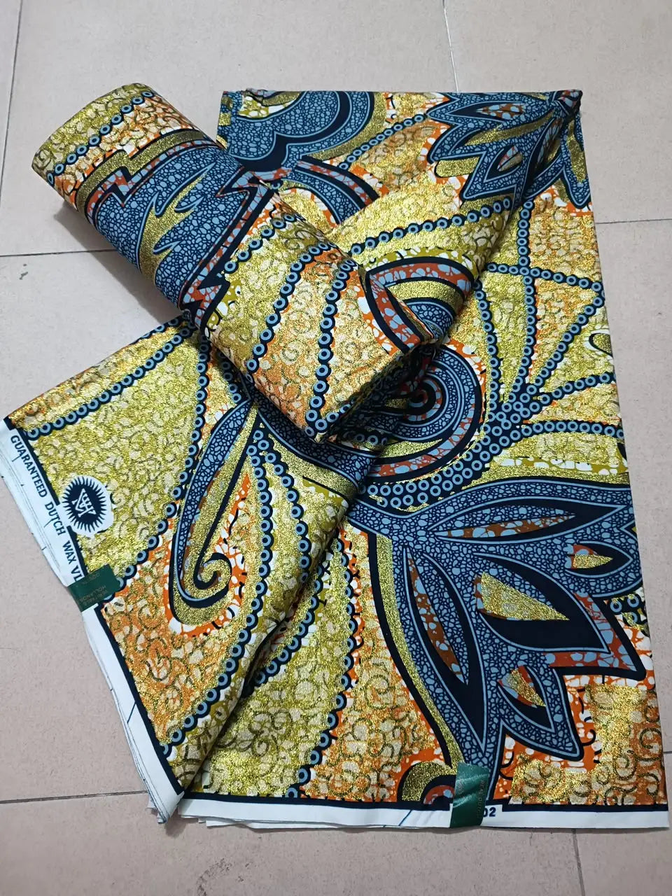 Gold and Navy Lily Petal Ankara gold wax print fabric, 6 yards