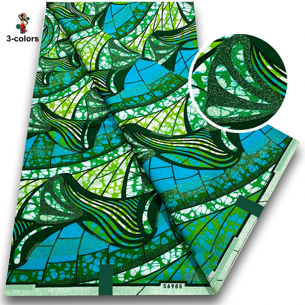 Emerald Leaf Burst Flash Gold Wax Print – Green & Teal, Grand Super Glitter, 6 Yards