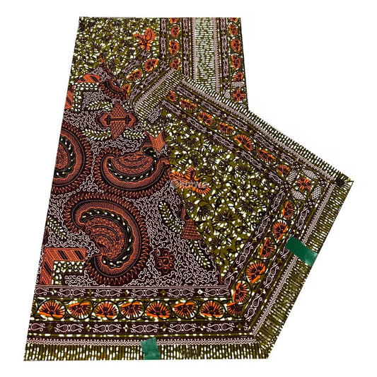 Elegant Brown and Olive Ankara Fabric – Paisley and Floral African Wax Print 6 Yards African Wax Print Fabric