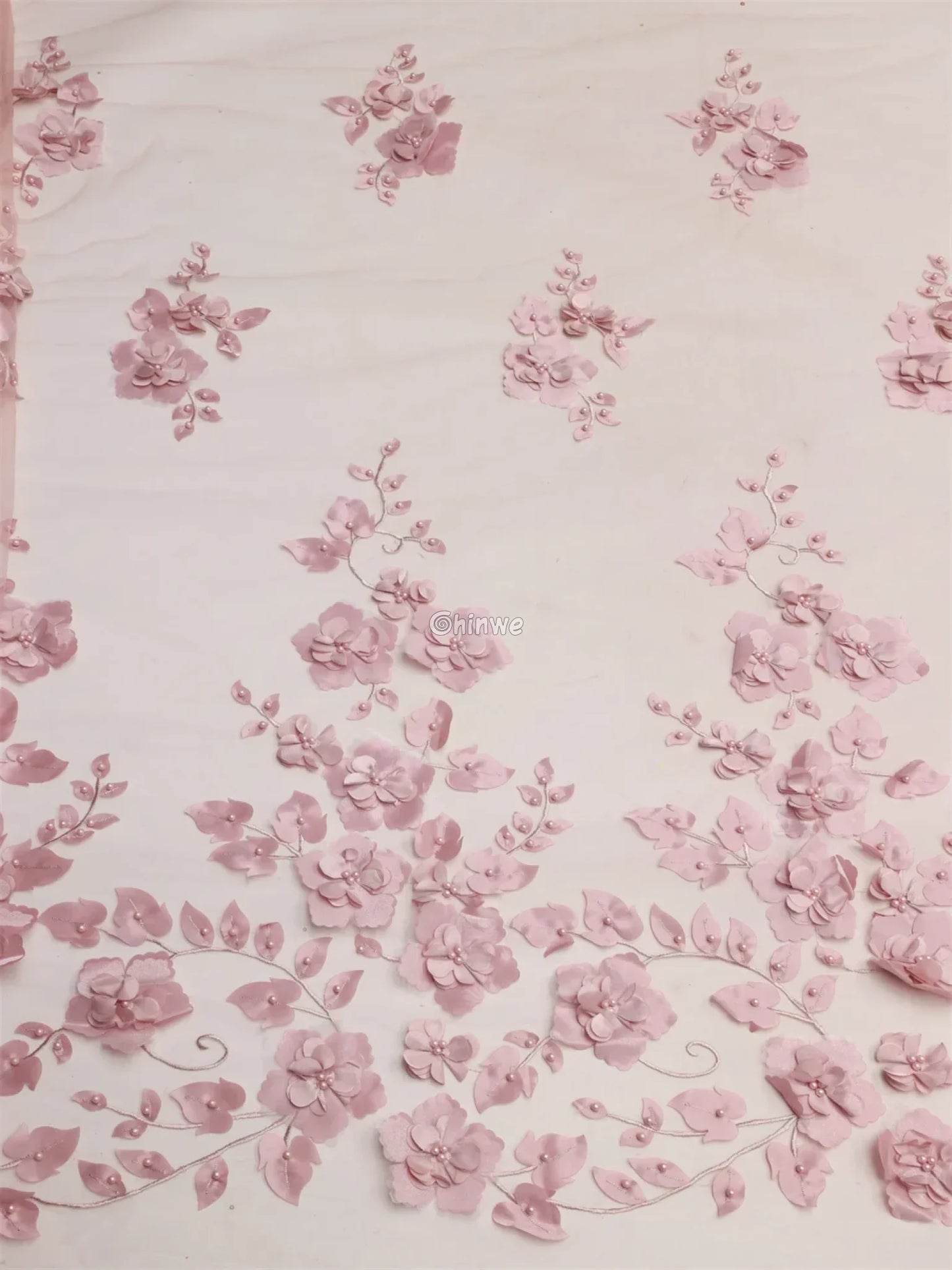 vory Blush Pink Peach & Scarlet Red 3D Floral Appliqué Mesh Lace with Beaded Embroidery