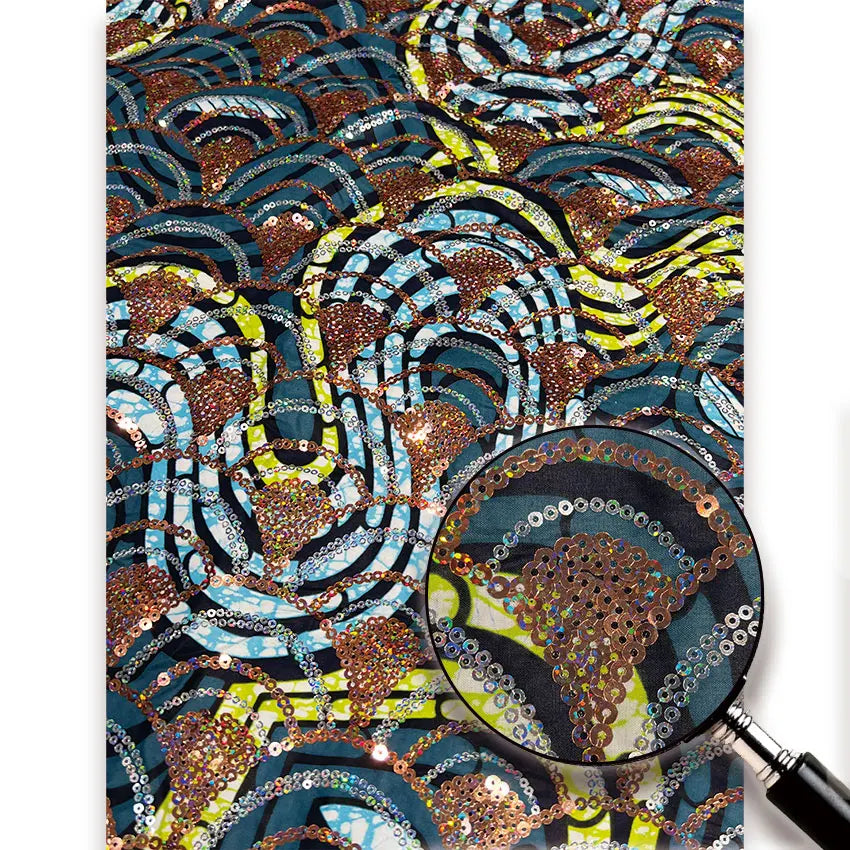 Midnight Swirl Sequin Wax Fabric – Blue & Tan, 100% Cotton, 6 Yards
