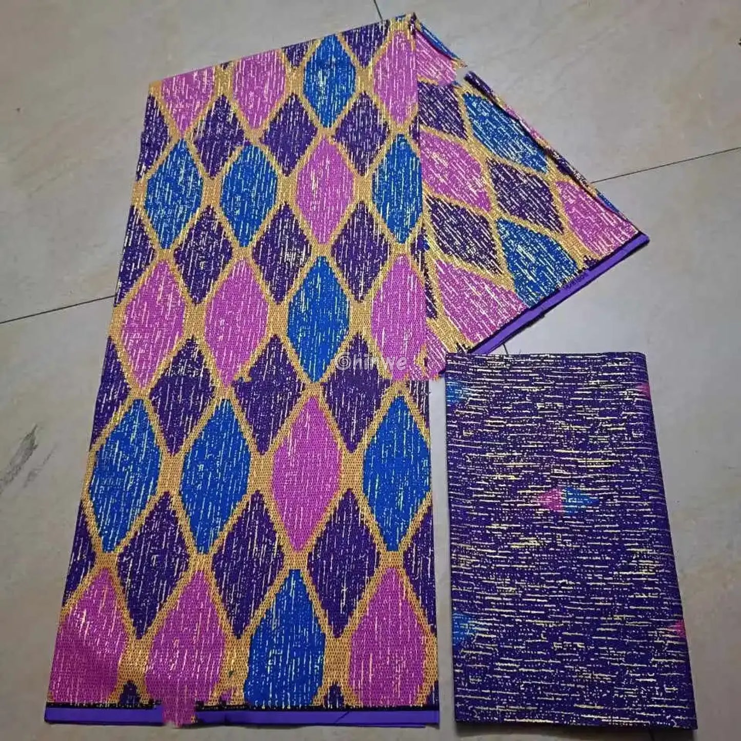 Purple Blue & Pink Kente Brocade with Elongated Diamond Motif and Metallic Gold Accents Sapphire Bloom Kente / 6yards