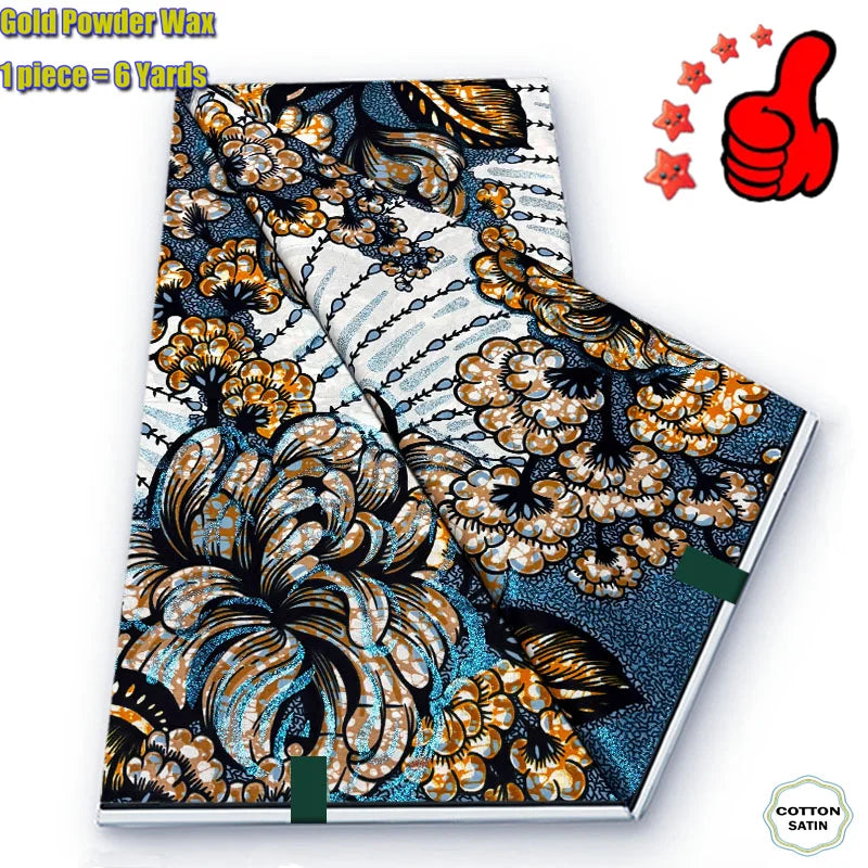 Blue & Bronze Bloom Grand Golden Wax Print – Glitter Floral, 6 Yards