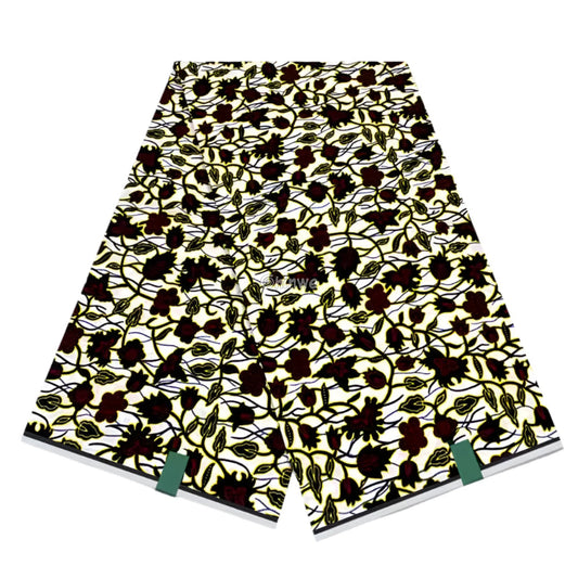 Delicate Floral Vines Fabric – Burgundy and Cream Ankara Wax Print with Subtle Elegance 6 Yards African Wax Print Fabric