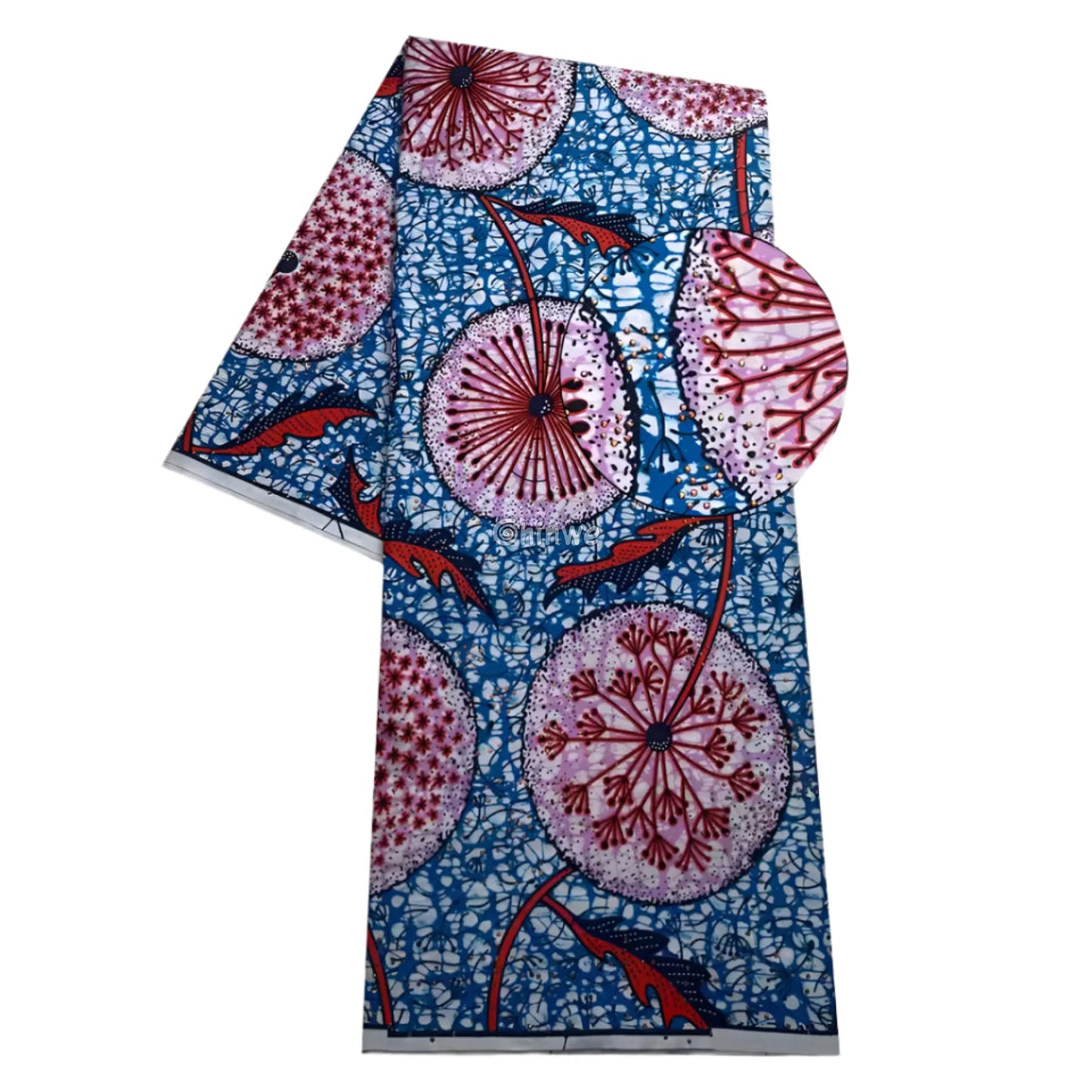 Crimson Dandelion Print with Coral Accents on Deep Indigo Batik and Blue-White Marble Background Crimson Dandelion