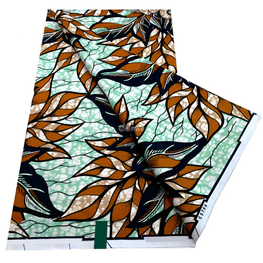 Layered Leaf Motif with Burnt Orange Petals over Wax-Crackled Mint Ground and Stylized Vine Stems Pale Mint & Amber / 6