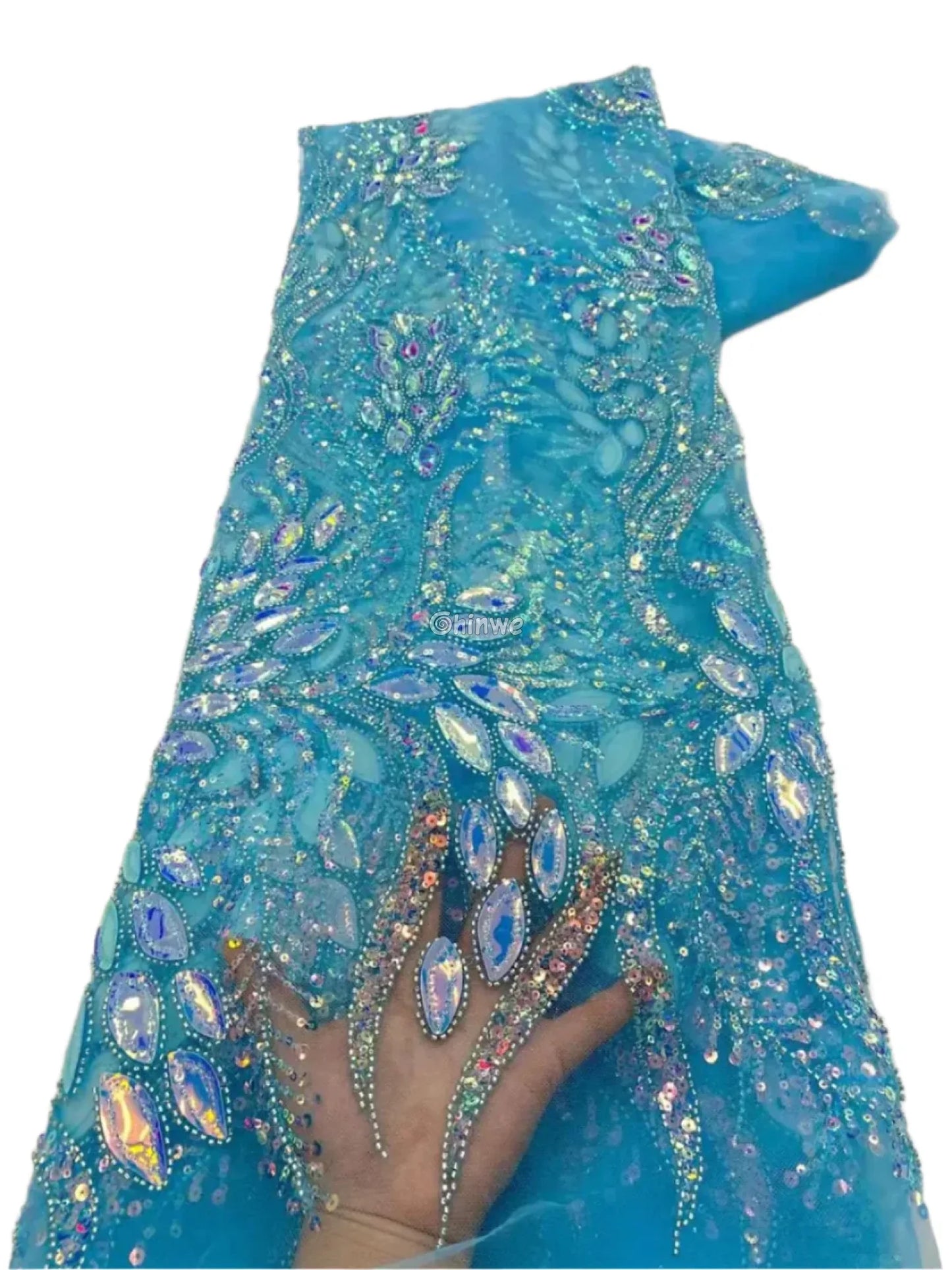 Beaded Scroll Motif Mesh Lace with Gemstone Appliqués & Sequin Embellishment Aqua Blue / 5 Yards / 120cm Lace