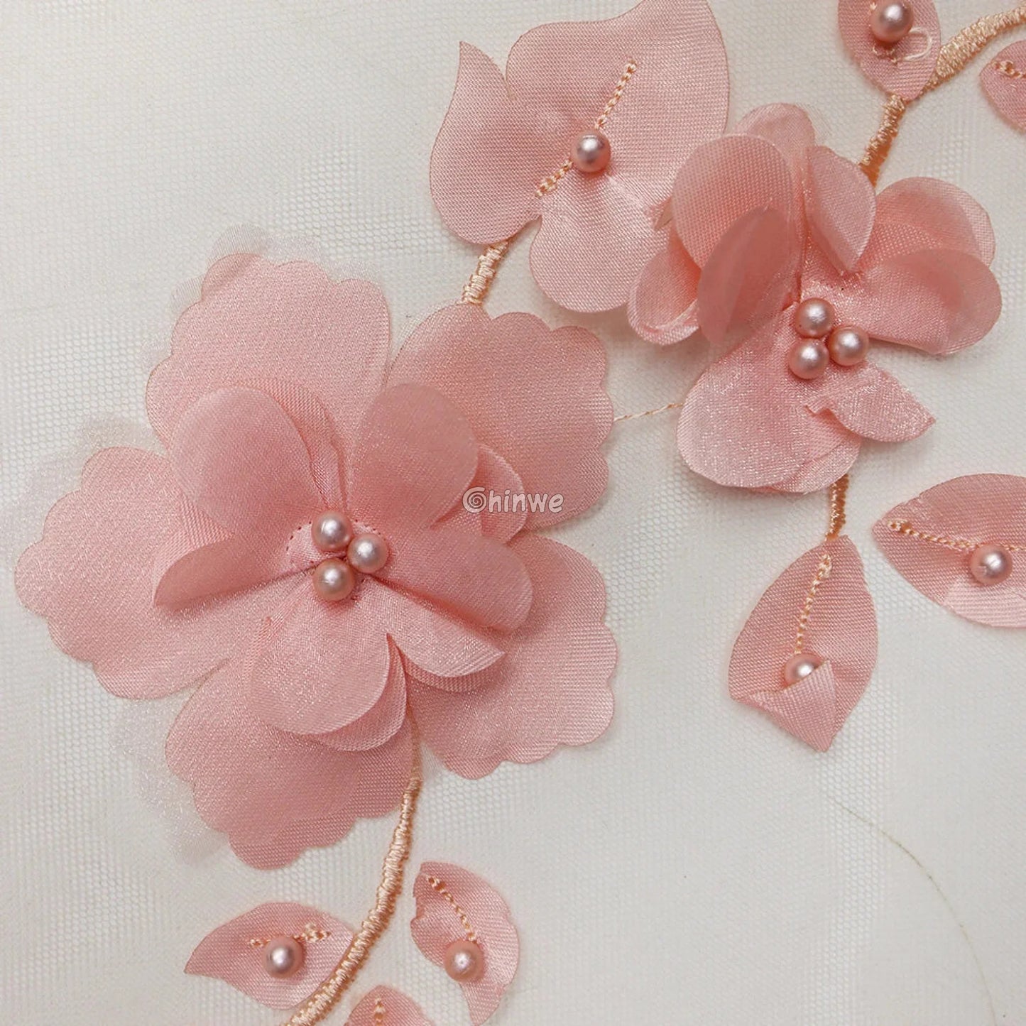 vory Blush Pink Peach & Scarlet Red 3D Floral Appliqué Mesh Lace with Beaded Embroidery