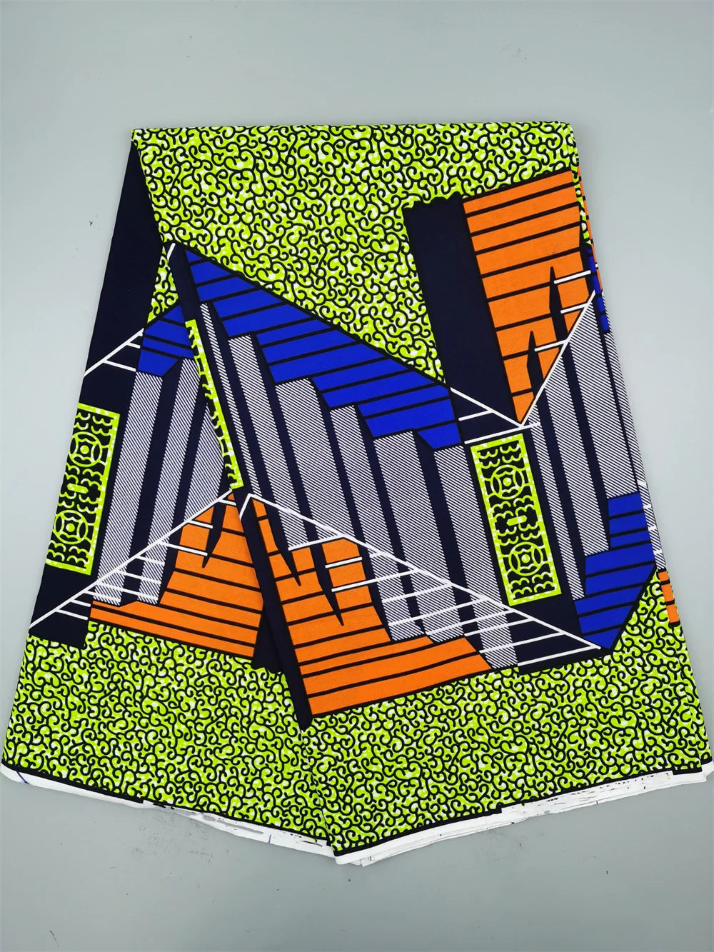 Lime Abstract Skyline Ankara Real Wax Print – Blue, Orange & Grey Blocks, 100% Cotton, 6 Yards