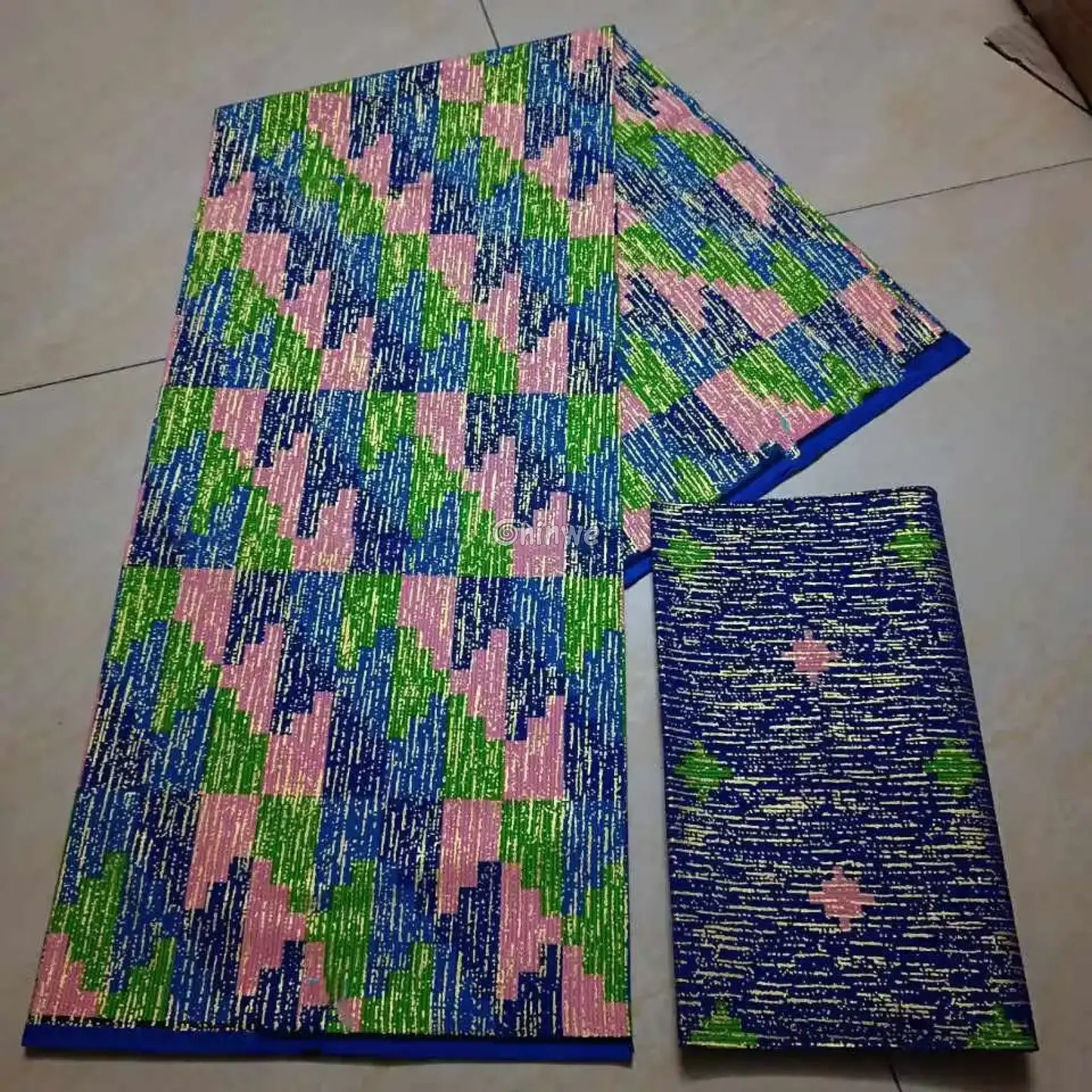 Blue Green & Pink Kente Brocade with Pixel Mosaic Triangles and Gold Metallic Accents Lagoon Mosaic Kente / 6yards