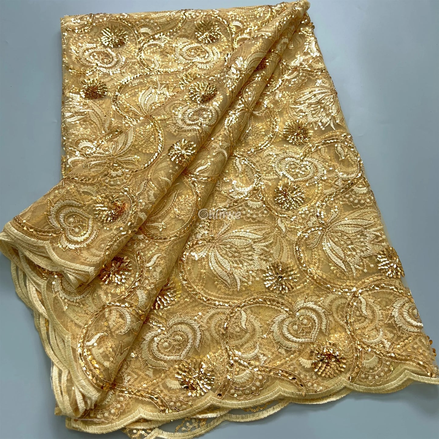 Embroidered Spiral & Floral Mesh Lace with Scattered Sequins on Sheer Tulle Champagne Gold Spiral Lace / 5Yards Lace