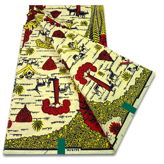 Cream Ankara wax print fabric with red and black village scene motifs and olive border