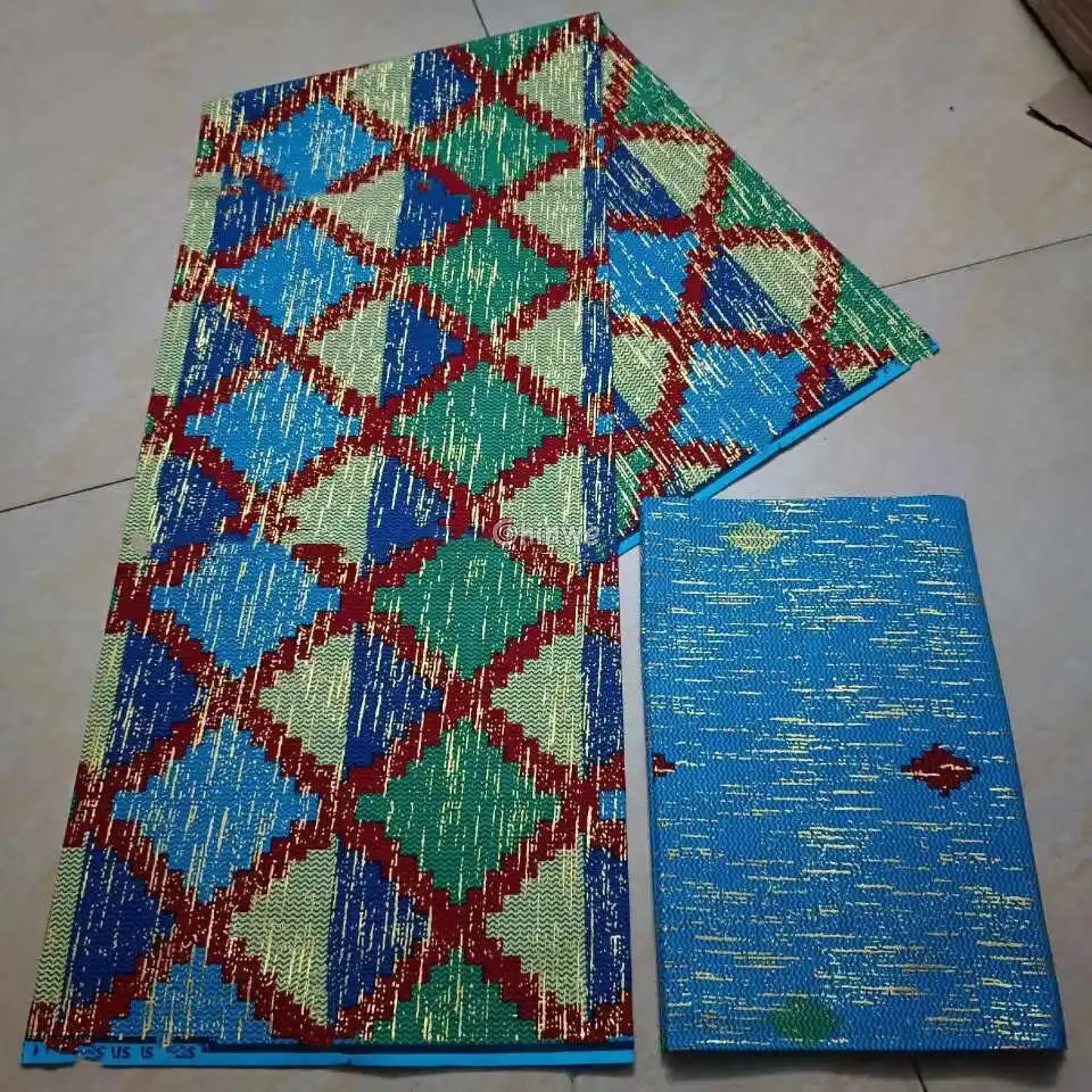 Blue Green & Red Kente Brocade with Diamond Grid Motif and Gold Metallic Threading Sapphire Grids Kente / 6yards