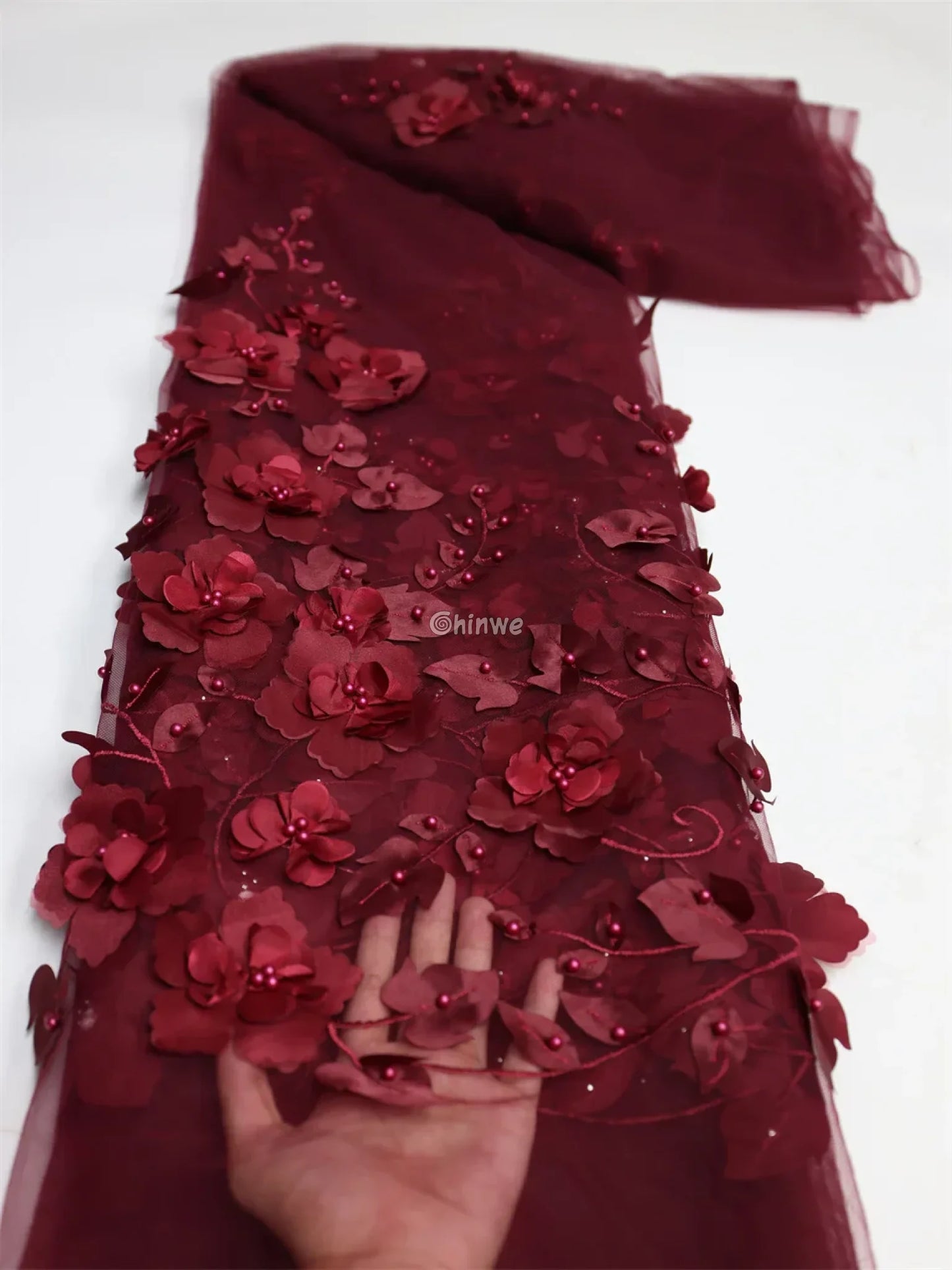vory Blush Pink Peach & Scarlet Red 3D Floral Appliqué Mesh Lace with Beaded Embroidery Burgundy / 1 Yards / 120cm