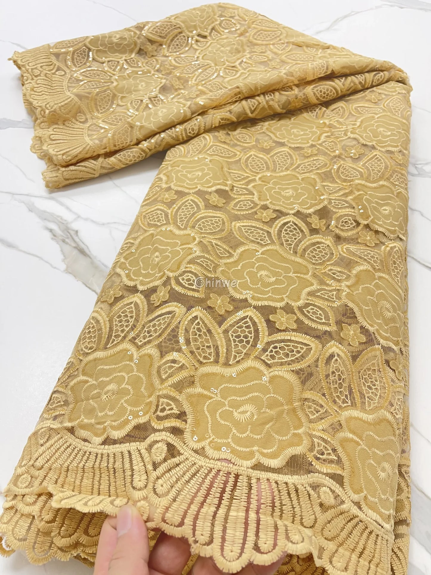 Emerald Green Champagne Gold & Pure White Floral Appliqué Lace with Scalloped Edge & Sequins Champagne Gold / 5 Yards