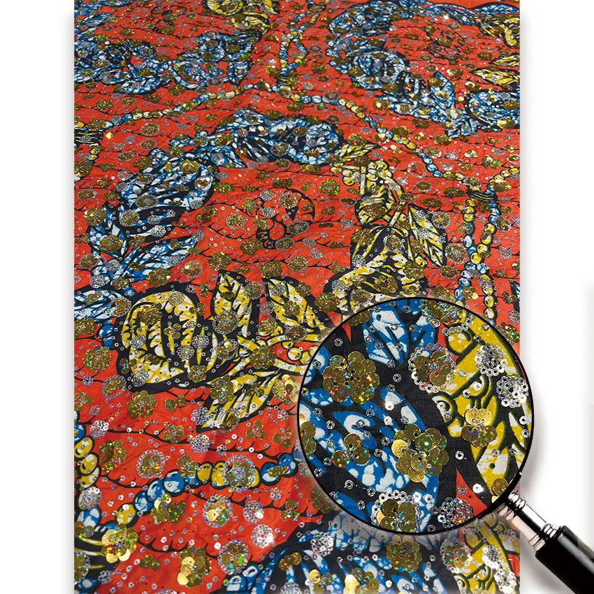 Orange & Red Rose Sequin Wax Fabric – Gold Sequin Accents, 100% Cotton, 6 Yards