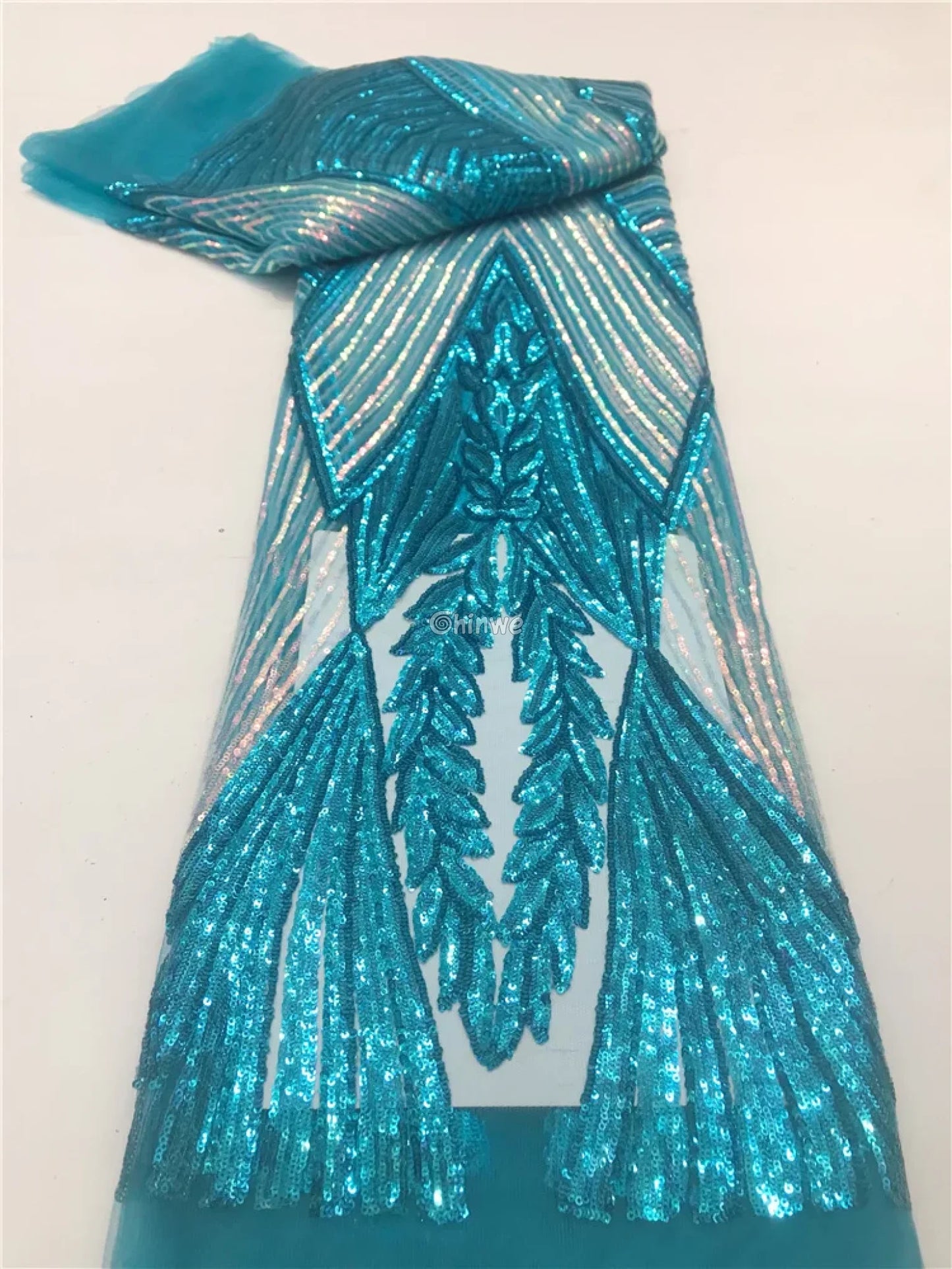 Sequin Embroidered Net Lace with Leaf Motif & Radiant Lines on Sheer Mesh Tulle Base Sky Blue / 5 Yards Lace