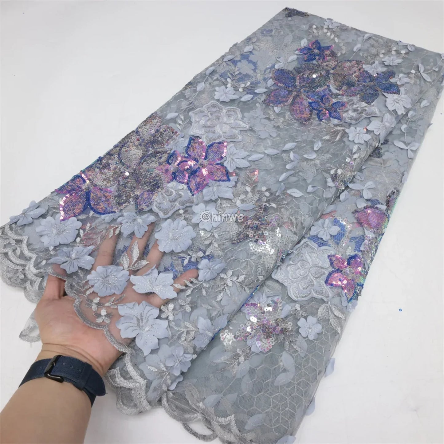 Embroidered 3D Sequin Lace Fabric with Floral Appliqué on Soft Tulle Mesh for Couture Sewing Projects Silver grey with