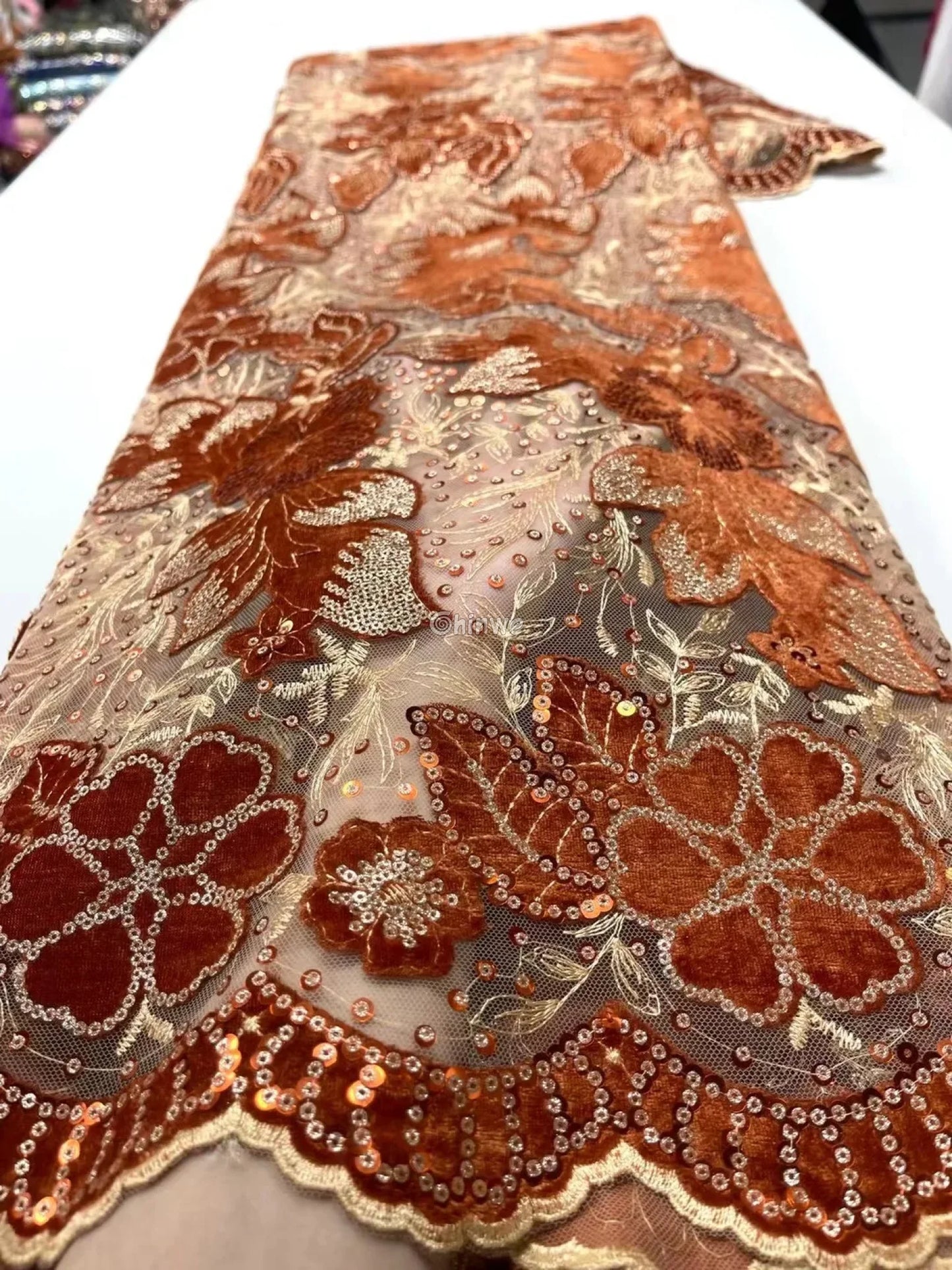 Velvet Lace with Floral Embroidery Sequin Highlights & Scalloped Edge on Sheer Mesh Base Burnt Orange & Champagne / 5
