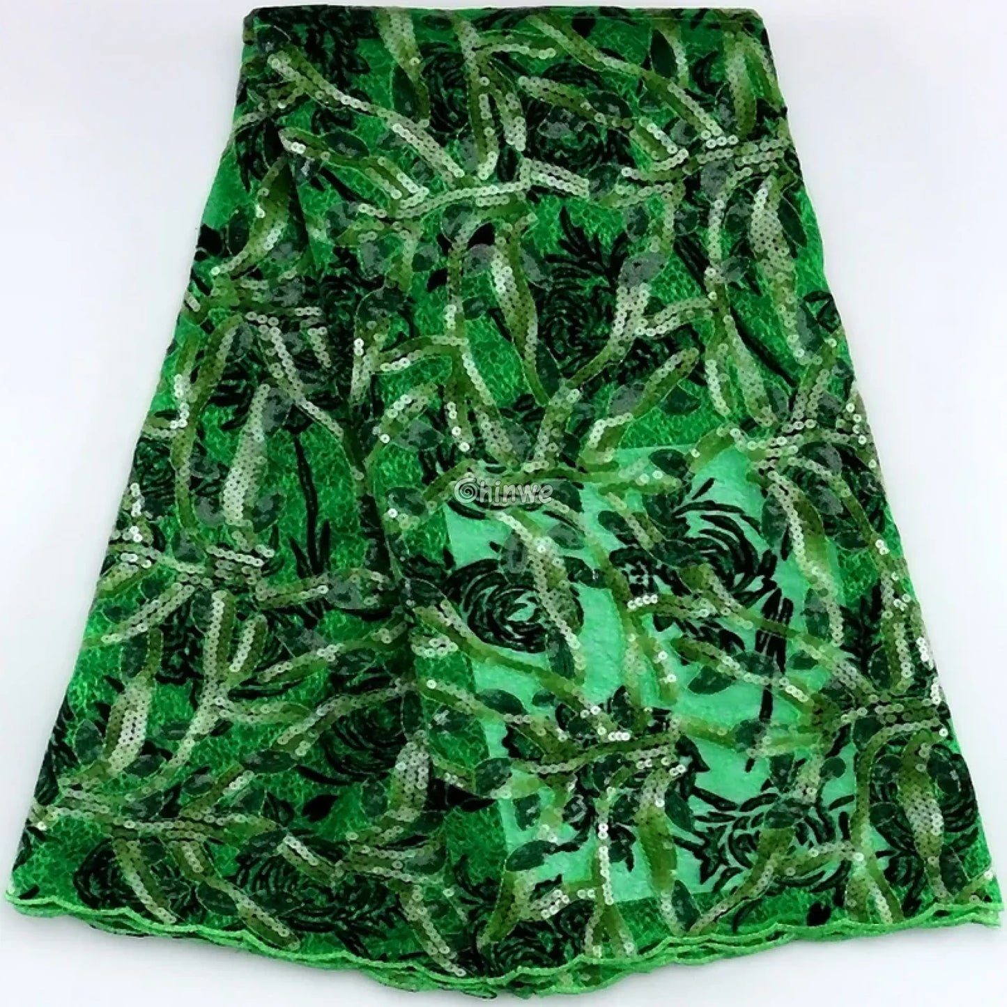 Sequined Corded Lace Fabric with Floral & Leaf Embroidery on Soft Tulle Mesh Base Emerald green with leafy sequin
