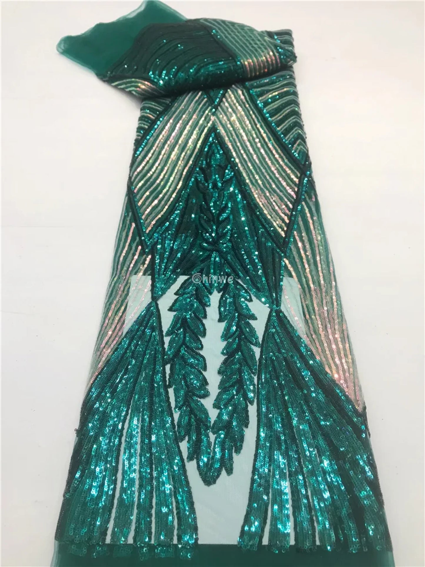 Sequin Embroidered Net Lace with Leaf Motif & Radiant Lines on Sheer Mesh Tulle Base Emerald Green / 5 Yards Lace