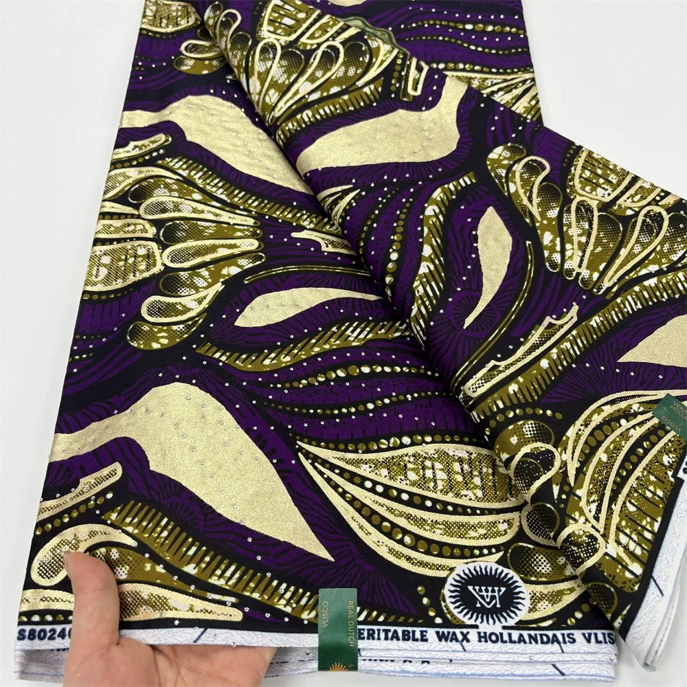 Purple & Gold Leaf Stoned Wax Fabric – Grand Super Wax with Rhinestones, 6 Yards