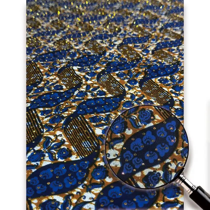 Royal Blue and Cocoa Leaf Stoned Wax Print – Sparkle Stones, Real Wax, 6 Yards