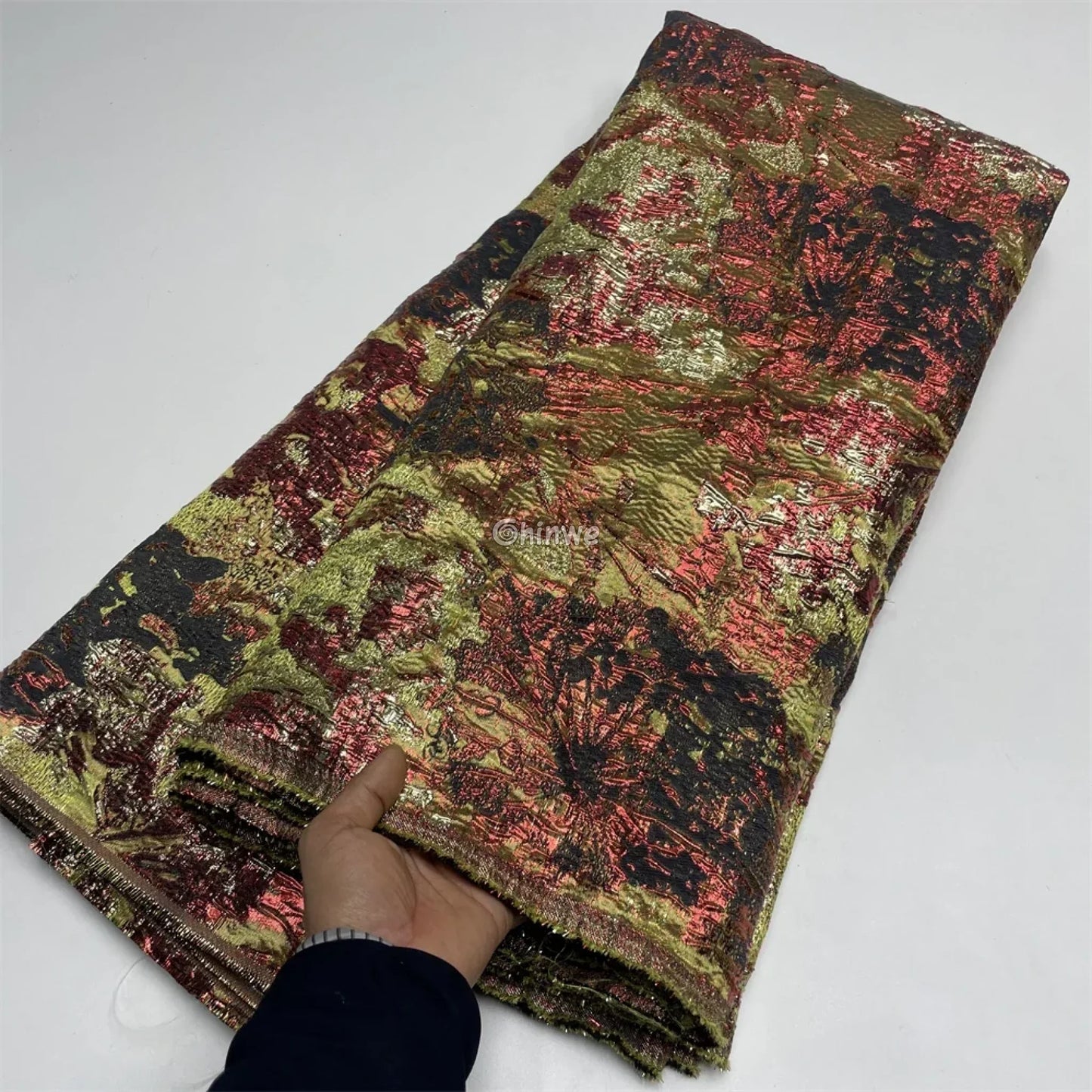 Salouva Premium Jacquard Brocade Lace with Metallic Gold Embroidery & Tulle Base Crimson & Olive Metallic / 5 yards