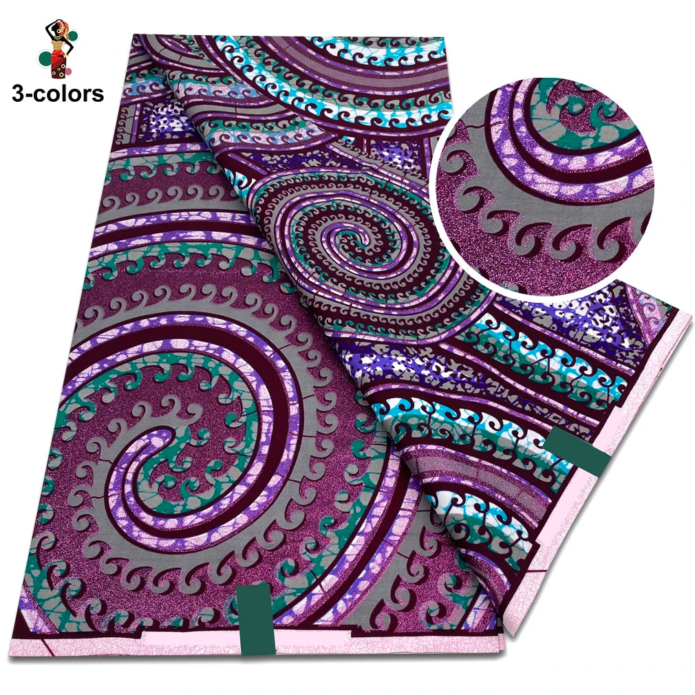 Purple Spiral Roundel Flash Gold Wax Print – Lilac & Plum, Grand Super Glitter, 6 Yards