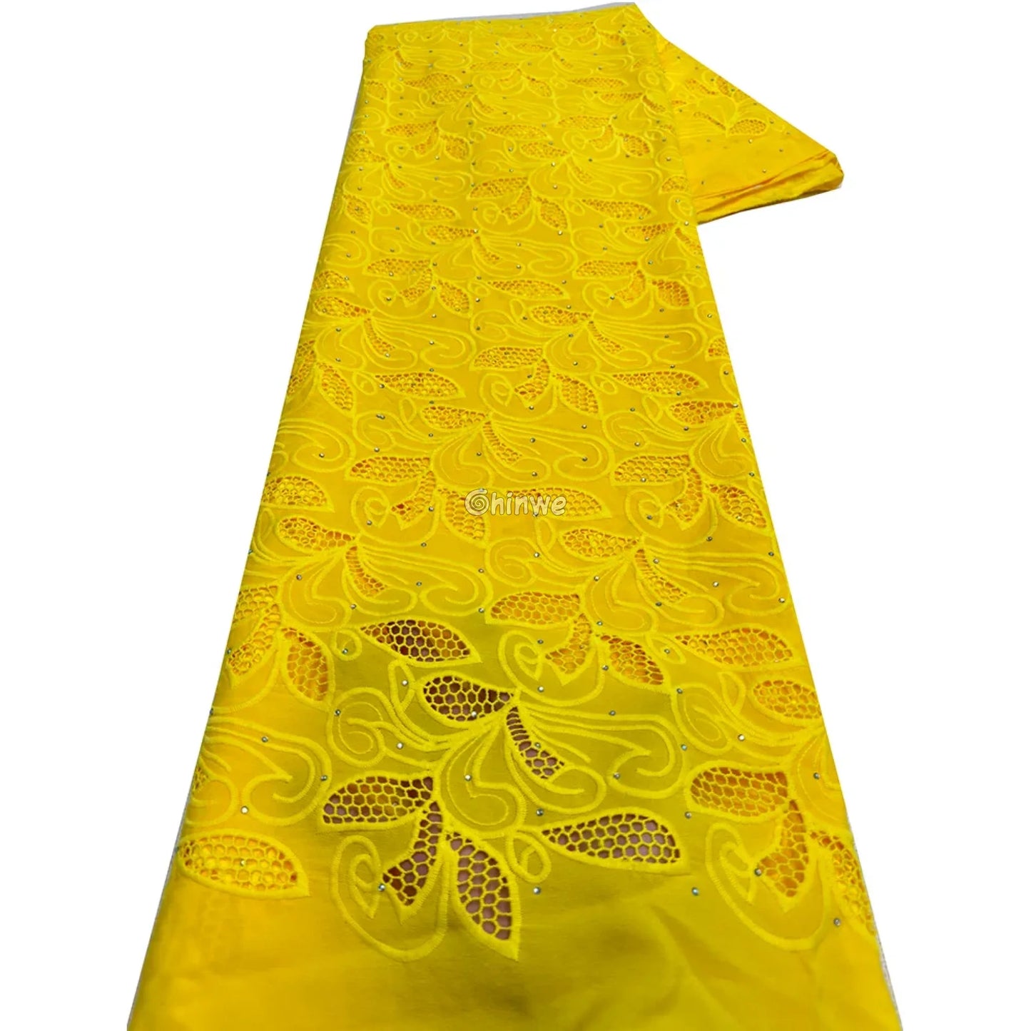 Embroidered Eyelet Lace Fabric with Swirling Leaf & Vine Motif and Crystal Sparkle Accents Sunflower Sparkle / 5 Yards