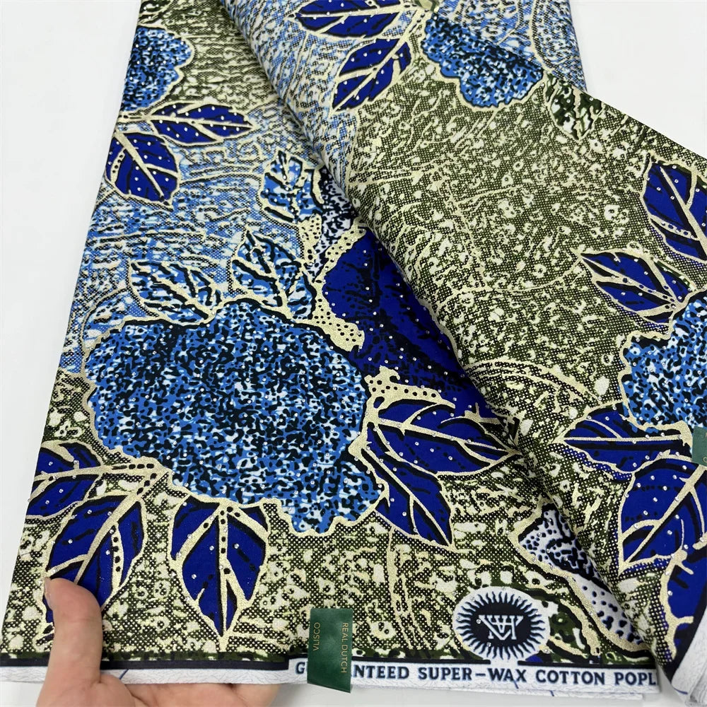 Olive & Cobalt Bloom Stoned Wax Fabric – Grand Super Wax with Rhinestones, 6 Yards