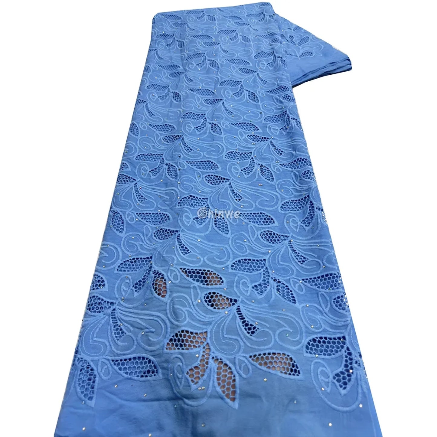 Embroidered Eyelet Lace Fabric with Swirling Leaf & Vine Motif and Crystal Sparkle Accents Celestial Sky / 5 Yards