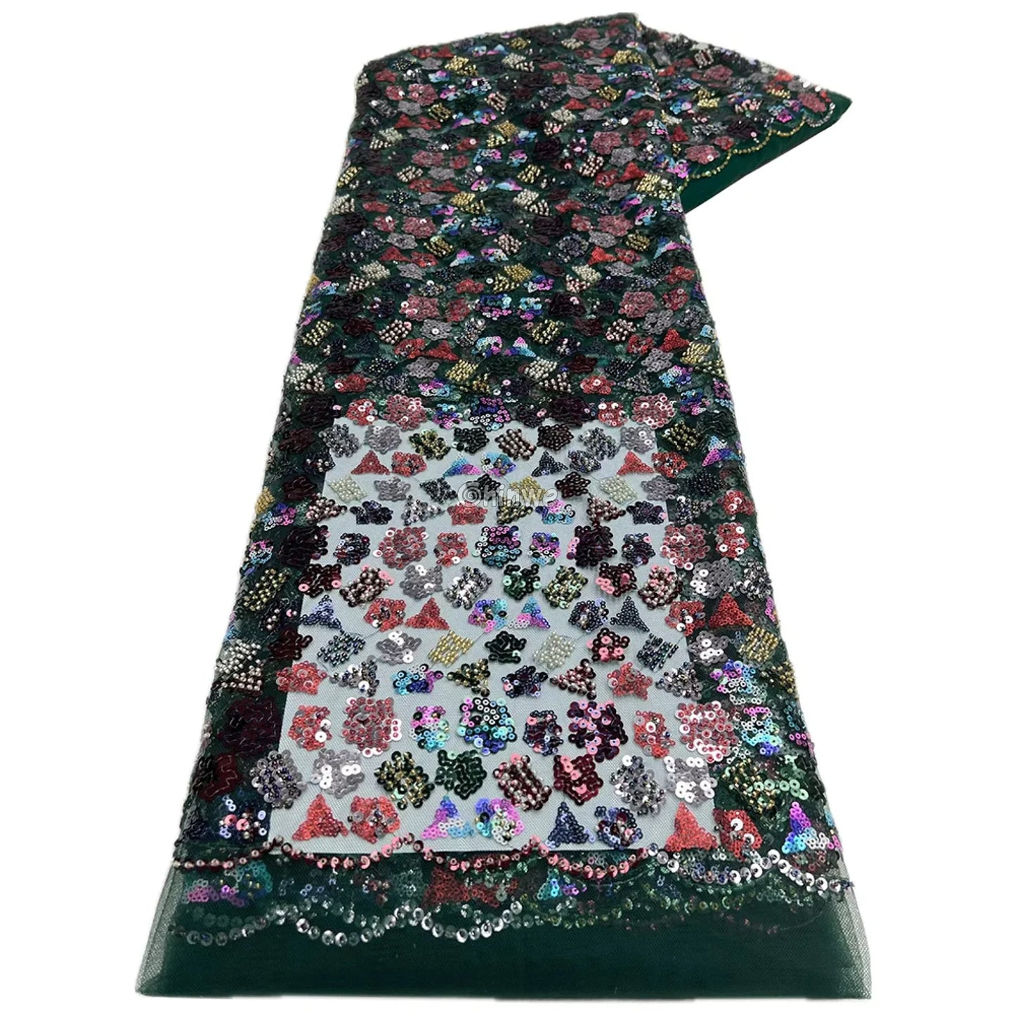 Multicolor Sequin Embroidered Net Lace with Floral Geometric Pattern on Tulle Mesh Emerald Shine / 5 Yards / 120cm Lace