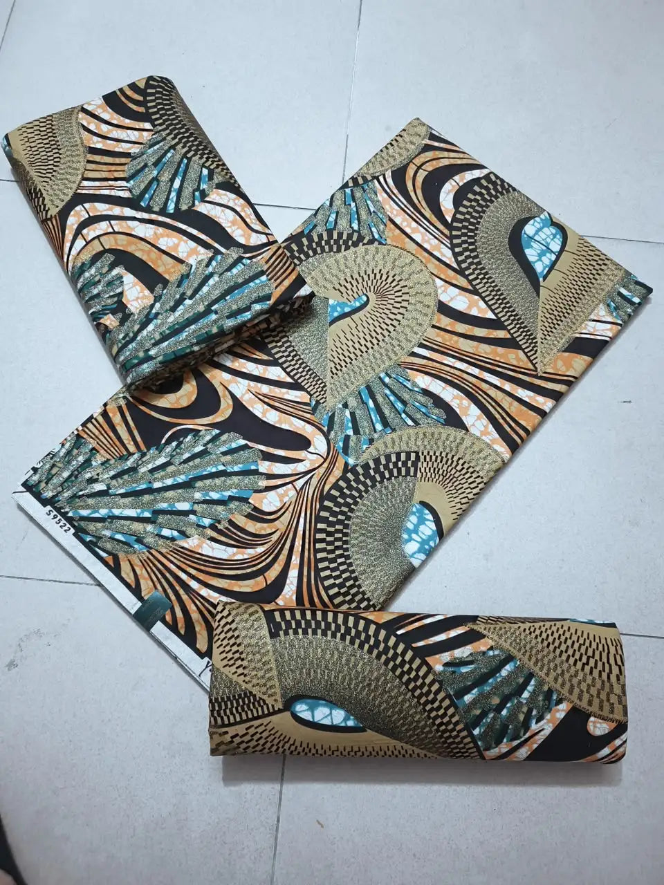 Bronze and Teal Peacock Swirl Ankara gold wax print fabric, 6 yards