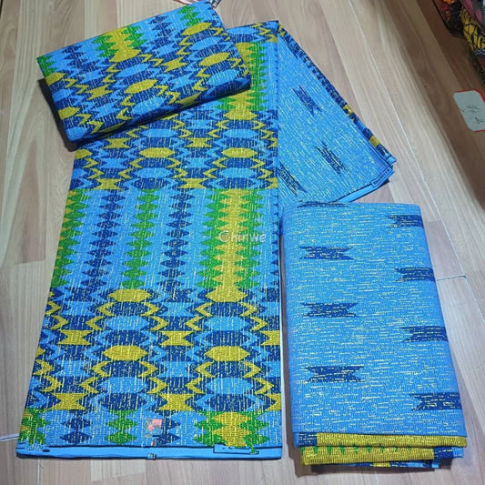Electric Nile Brocade Fabric – Blue Green & Yellow Metallic Jacquard – African 6 Yards Electric Nile / 6yards African