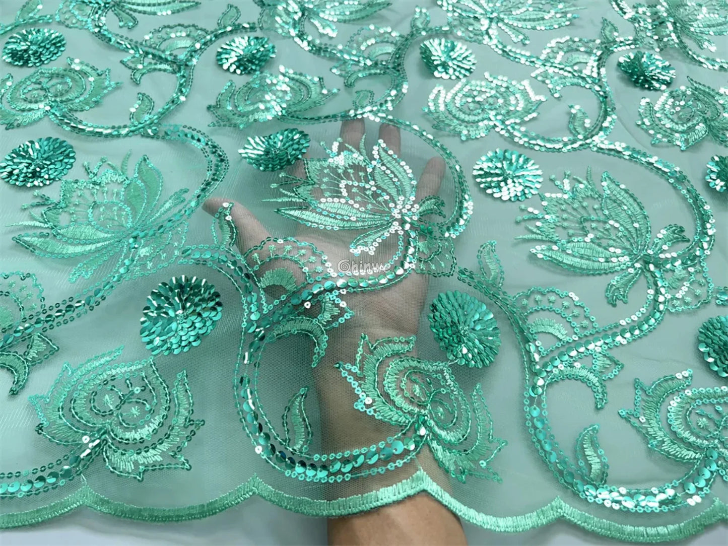 Embroidered Spiral & Floral Mesh Lace with Scattered Sequins on Sheer Tulle Lace
