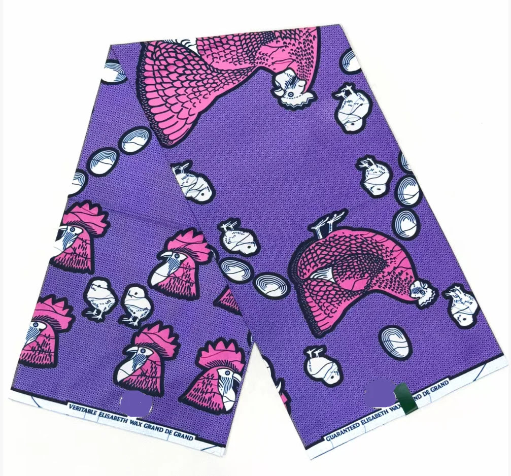 Hen & Chicks Ankara Jacquard Wax Print – Brown or Lilac, 100% Cotton, 6 Yards