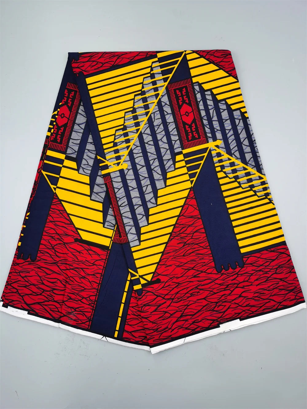 Red & Yellow Zigzag Ankara Real Wax Print – Navy & Grey Stripes, 100% Cotton, 6 Yards