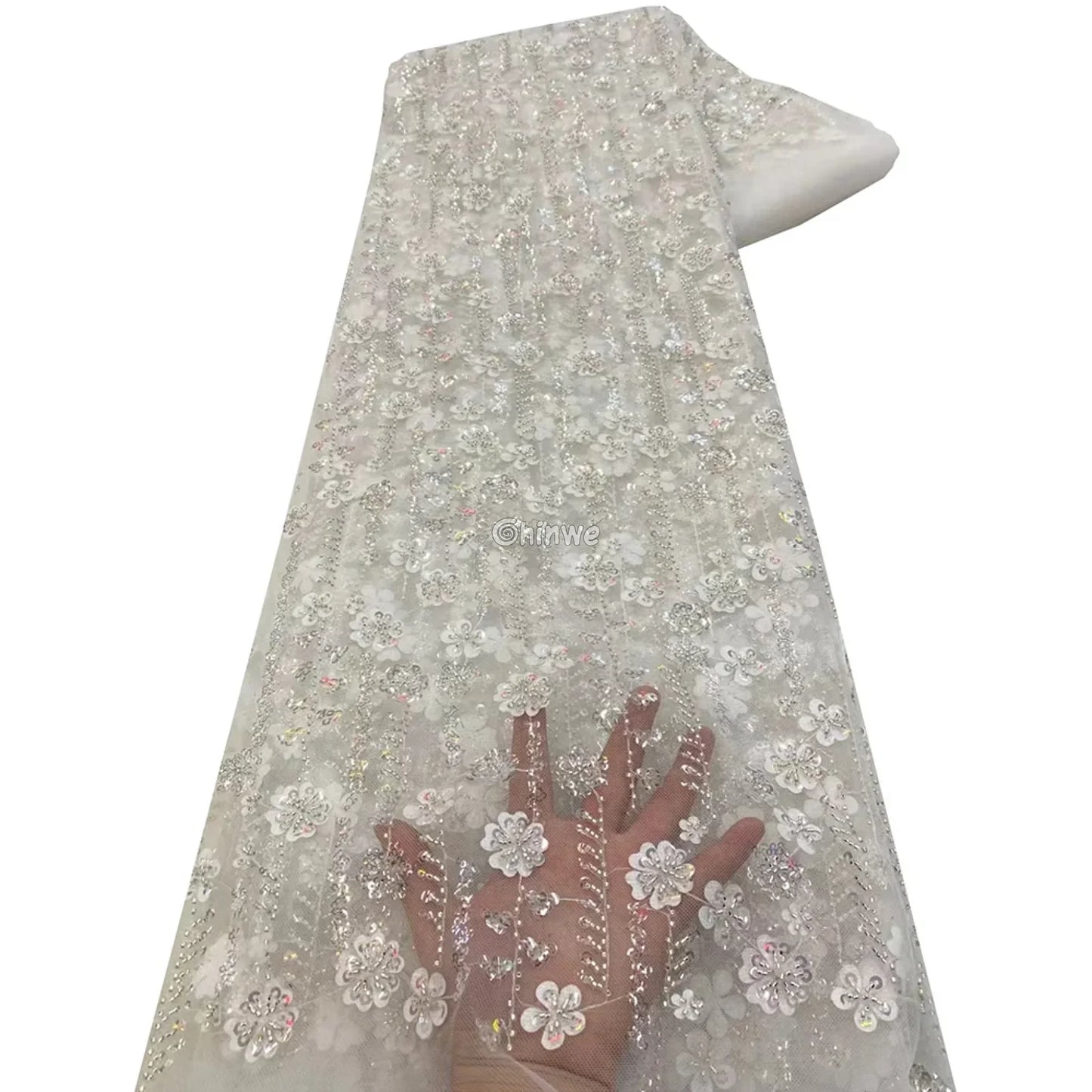 Sequin Beaded Embroidery Lace Fabric on French Tulle