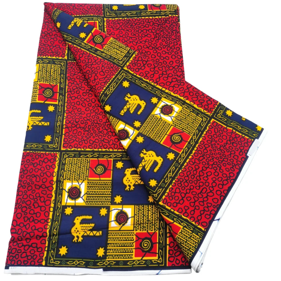 Red and Navy Patchwork Animal Tile Ankara wax print fabric, 6 yards