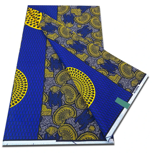 Cobalt Blue Ankara Wax Print Fabric – Gold Shell Fan Motifs, 6 Yards