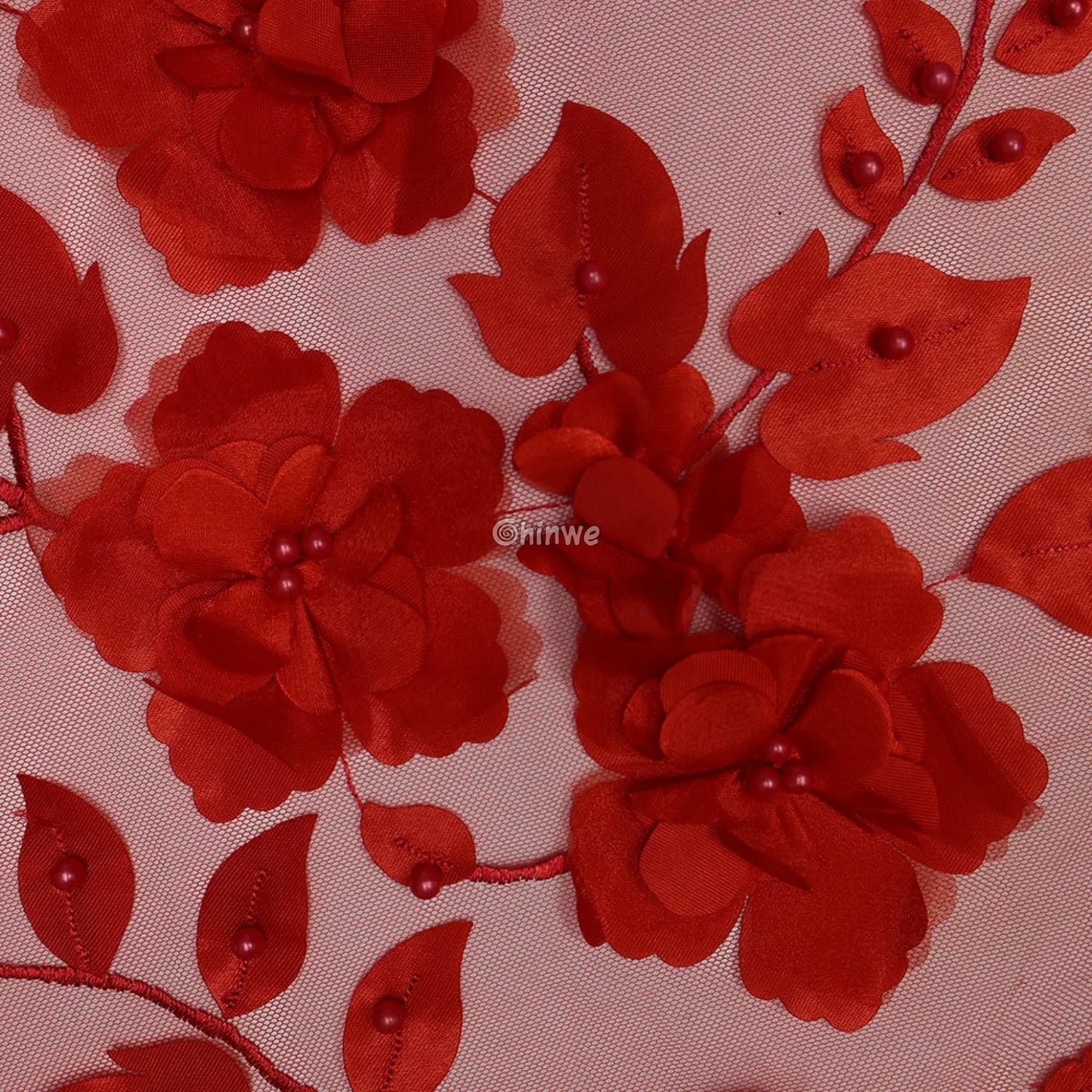 vory Blush Pink Peach & Scarlet Red 3D Floral Appliqué Mesh Lace with Beaded Embroidery