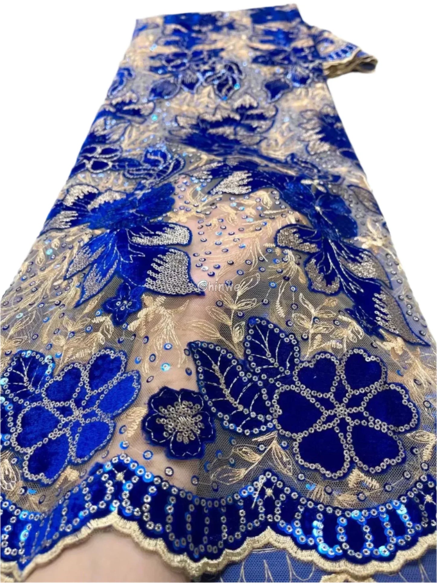 Velvet Lace with Floral Embroidery Sequin Highlights & Scalloped Edge on Sheer Mesh Base Royal Blue & Champagne / 5