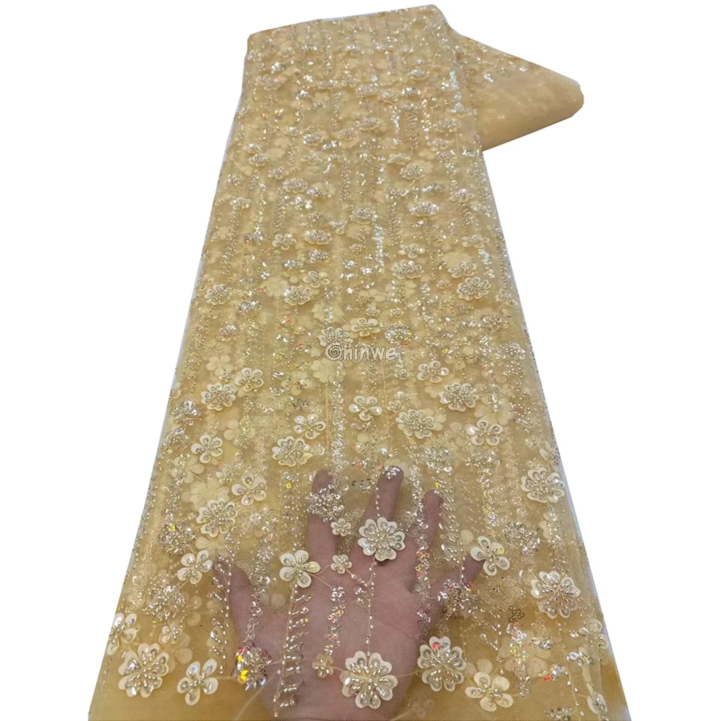 Net Lace Fabrics With Sequins For Evening Dresses Latest French Beaded Tulle Lace Fabric High Quality African Amber