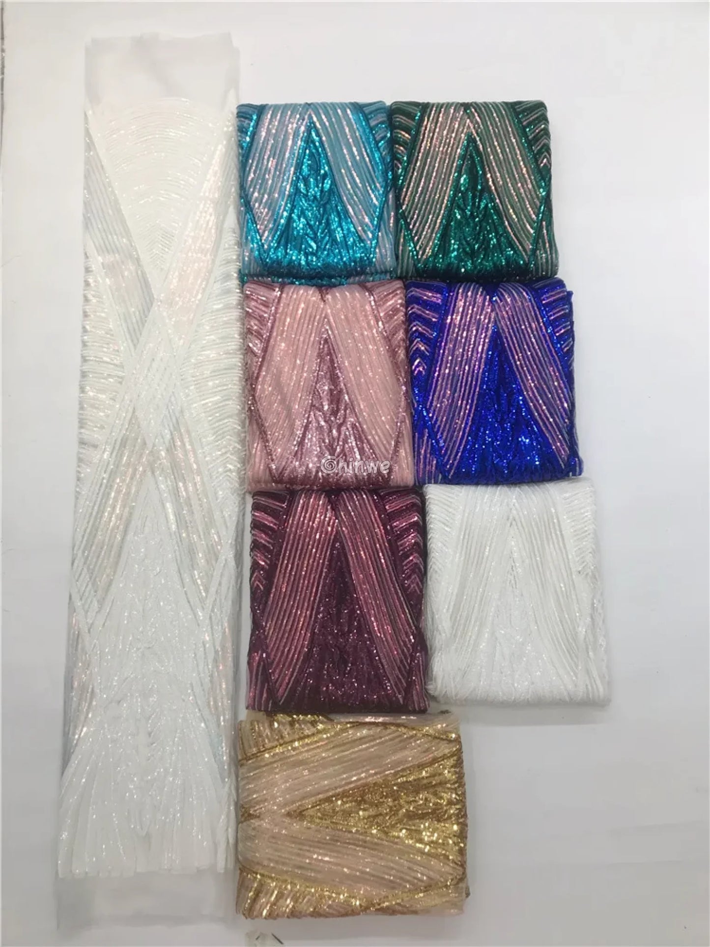 Sequin Embroidered Net Lace with Leaf Motif & Radiant Lines on Sheer Mesh Tulle Base Lace