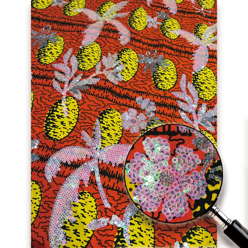 Orange & Pink Palm Sequin Wax Fabric – Sparkling Sequin Flowers, 100% Cotton, 6 Yards