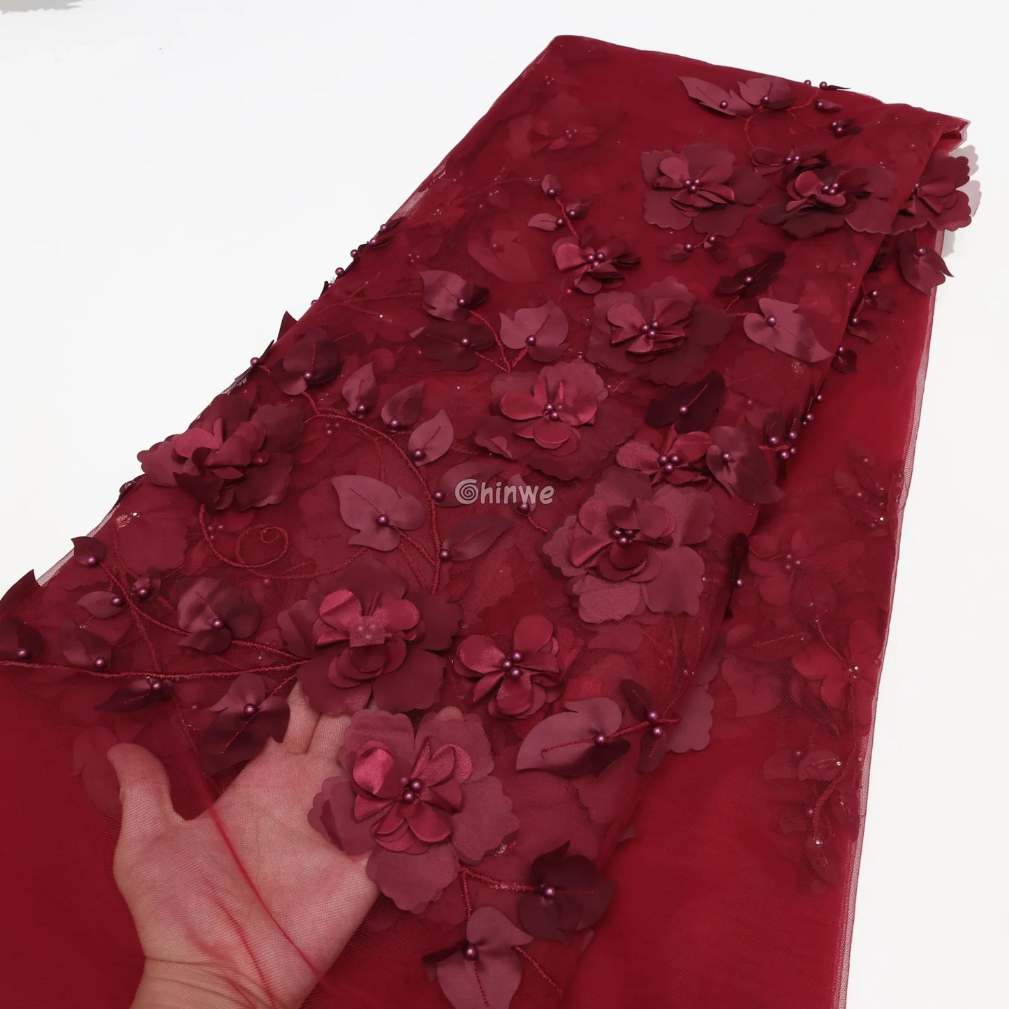 vory Blush Pink Peach & Scarlet Red 3D Floral Appliqué Mesh Lace with Beaded Embroidery