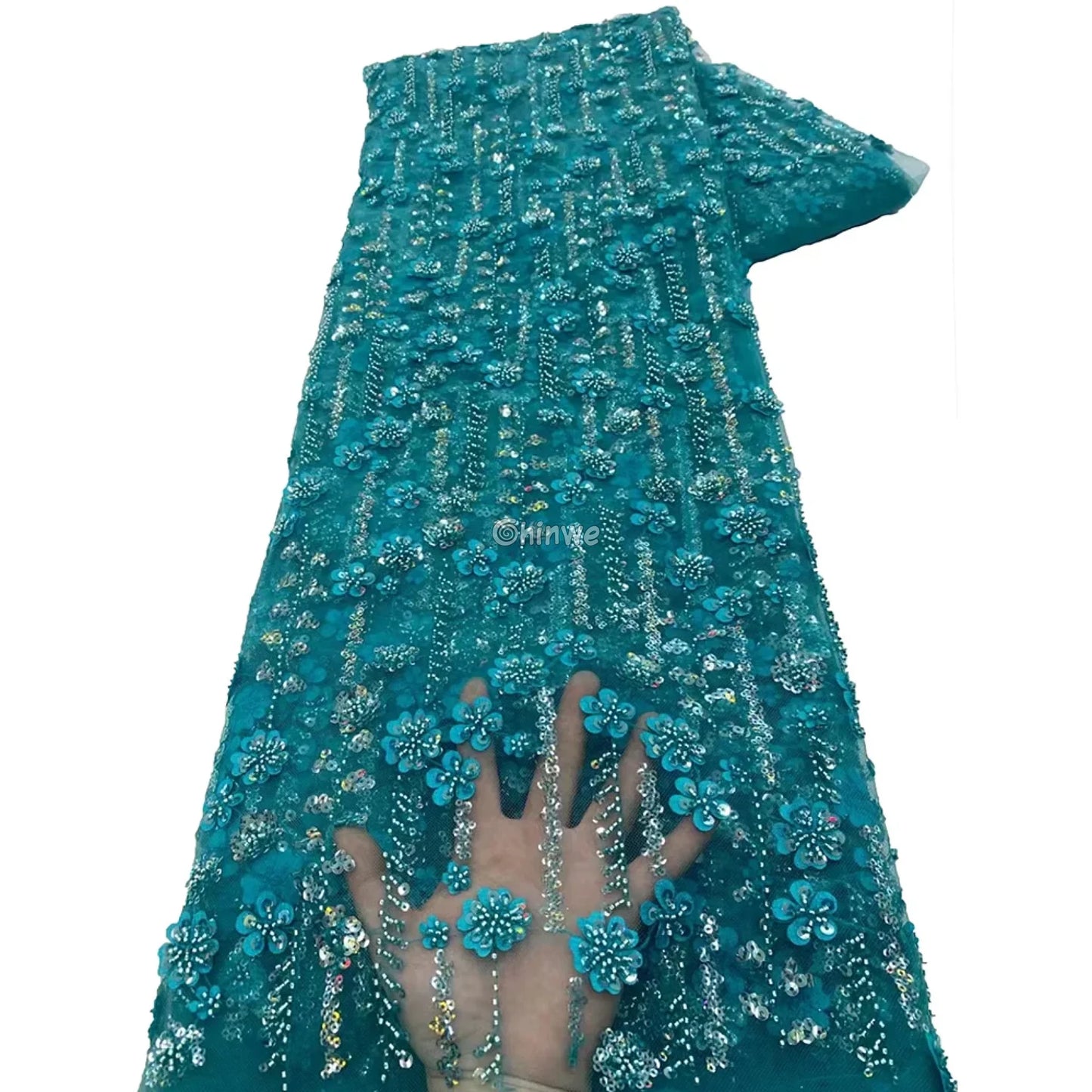 Net Lace Fabrics With Sequins For Evening Dresses Latest French Beaded Tulle Lace Fabric High Quality African Turquoise