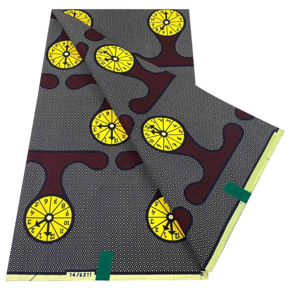 Yellow Medallion Ankara Wax Print Fabric – Golden Discs on Charcoal Grey, 6 Yards